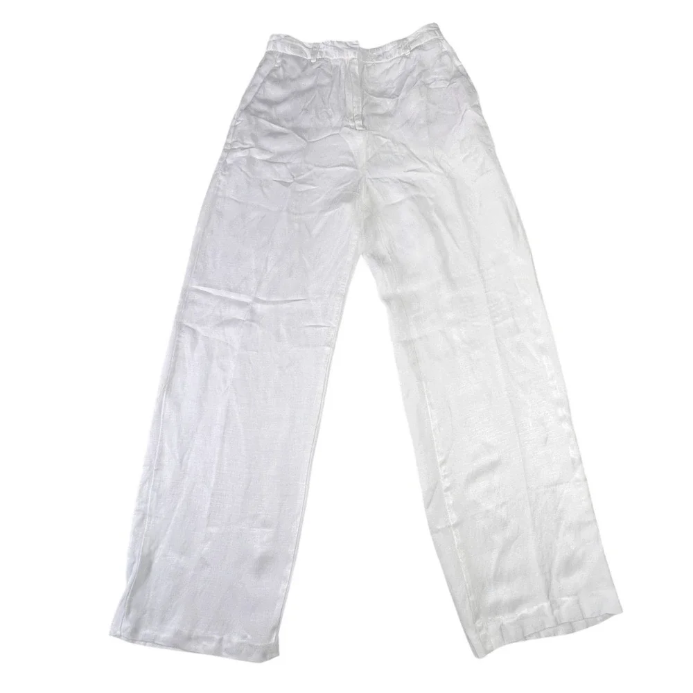 Zara Pants Women M White Wide Leg Linen Blend High Rise Summer Trousers